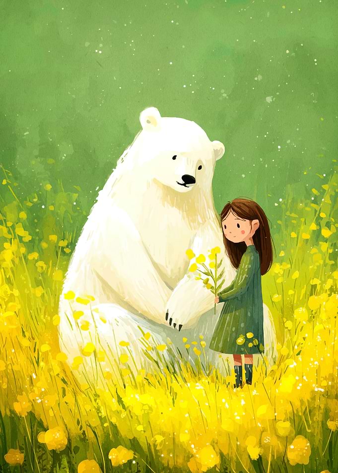 Girl and Bear in Flower Field