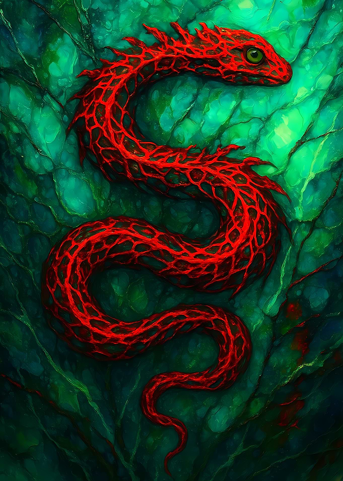 Abstract Fantasy #57 - Red Snake on Green Background