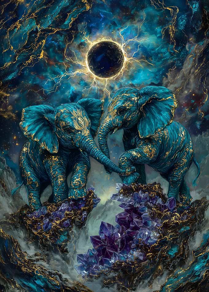 Celestial Elephants with Amethyst Crystals
