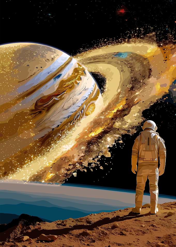Astronaut Gazing at Jupiter and Rings