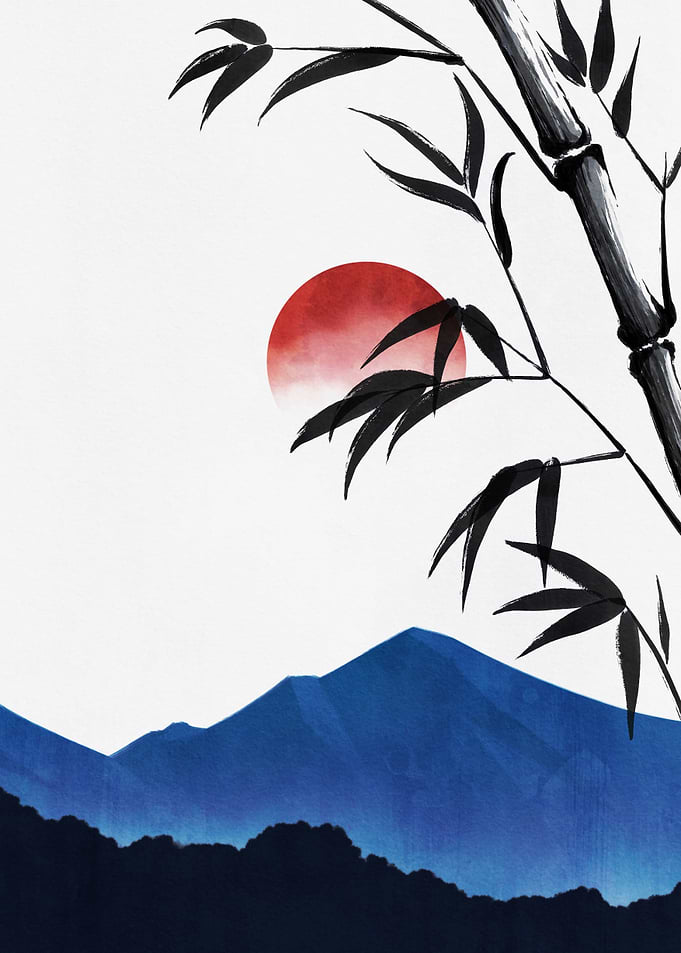 Japanese Landscape with Bamboo and Sun