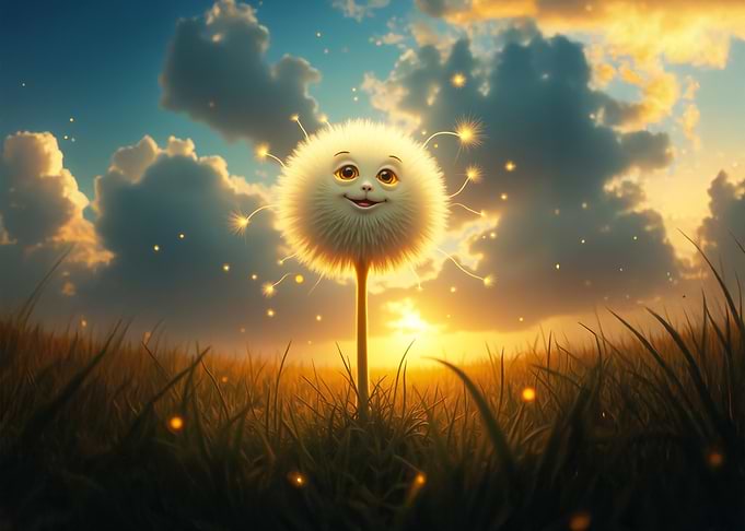 Cute Dandelion Character at Sunset