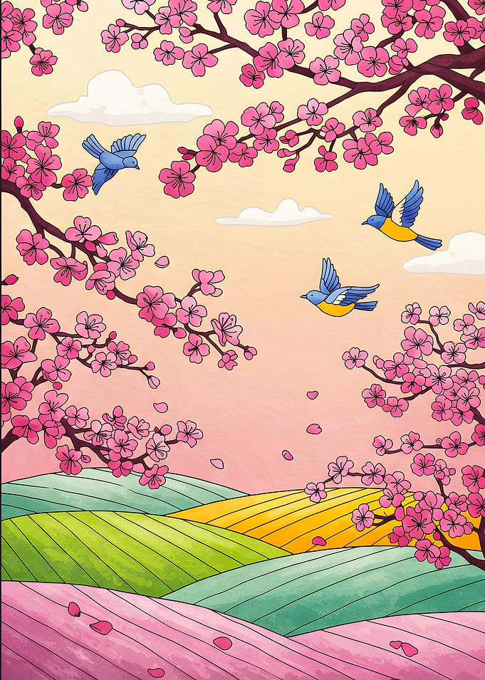 Cherry Blossoms and Birds Landscape