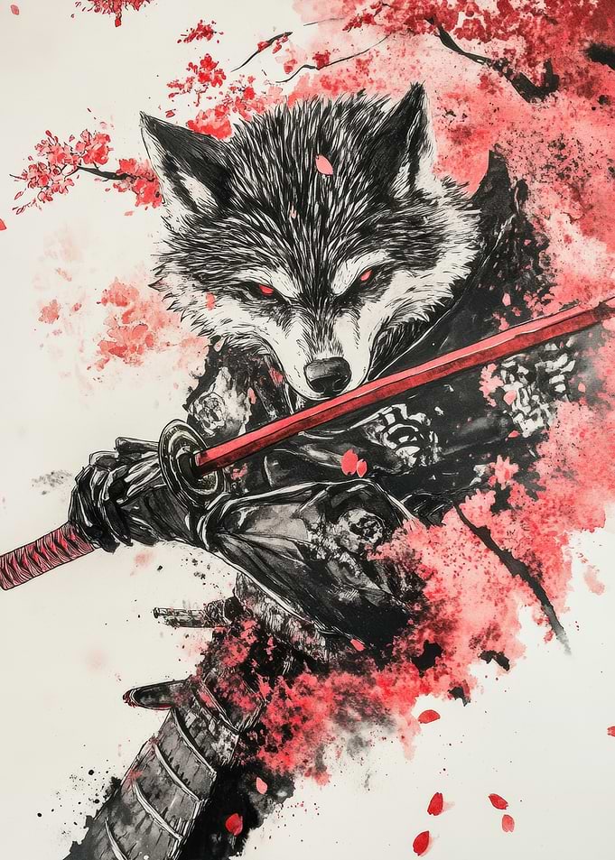Wolf Samurai with Katana and Cherry Blossoms