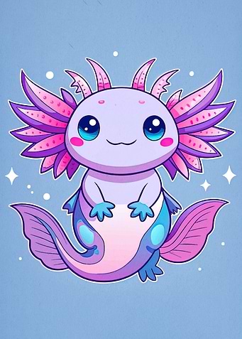 Cute Cartoon Axolotl on Blue Background