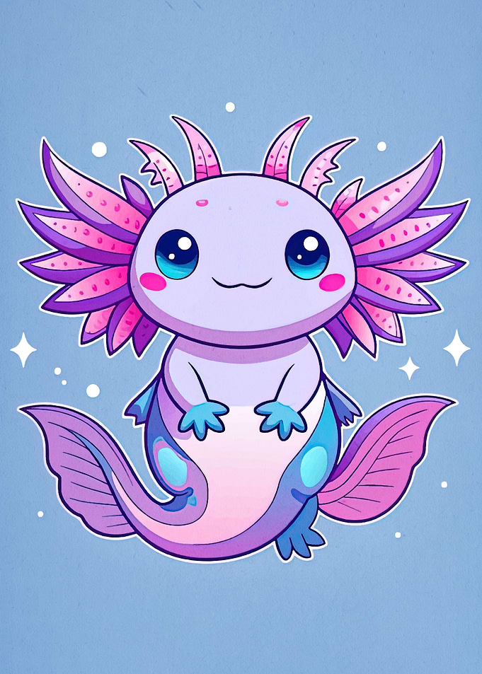Cute Cartoon Axolotl on Blue Background
