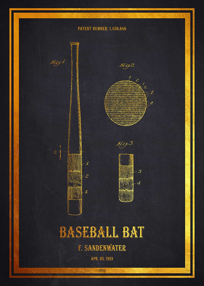 Baseball Bat Patent 1923 - Gold