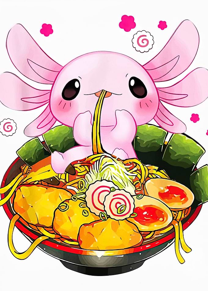 Axolotl eating ramen bowl illustration