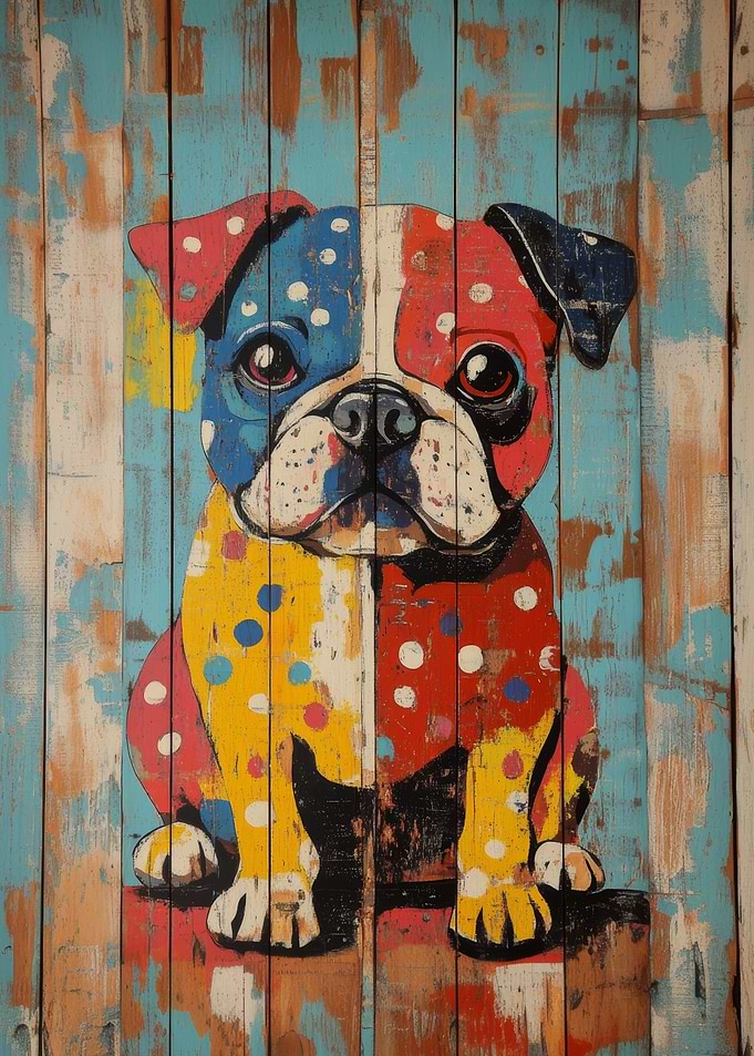 Colorful Bulldog Painting on Wood Planks | Bulldog wall art