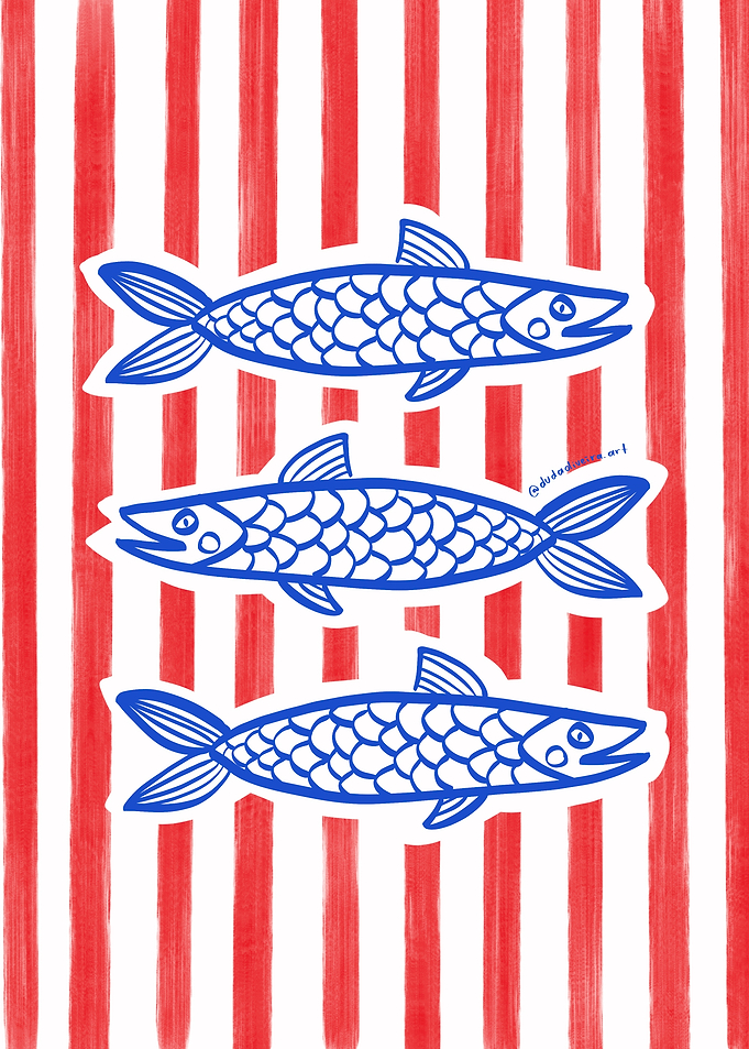 Three Blue Fish on Red Stripes