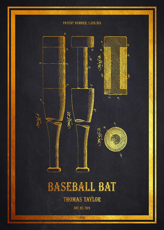 Baseball Bat Patent 1919 - Gold