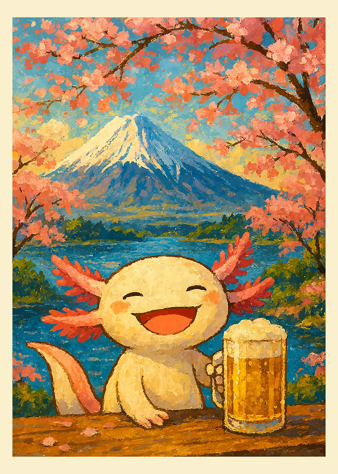 Axolotl with Beer and Mount Fuji