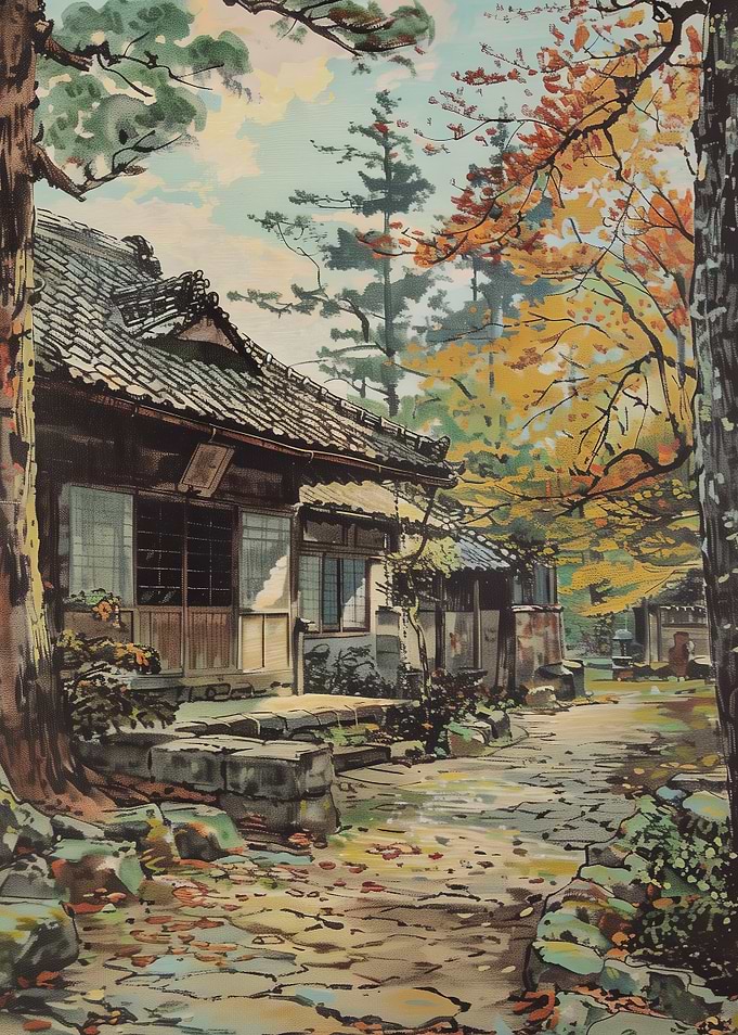 Japanese Temple in Autumn Landscape