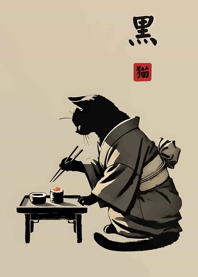 Black Cat in Kimono Eating Sushi