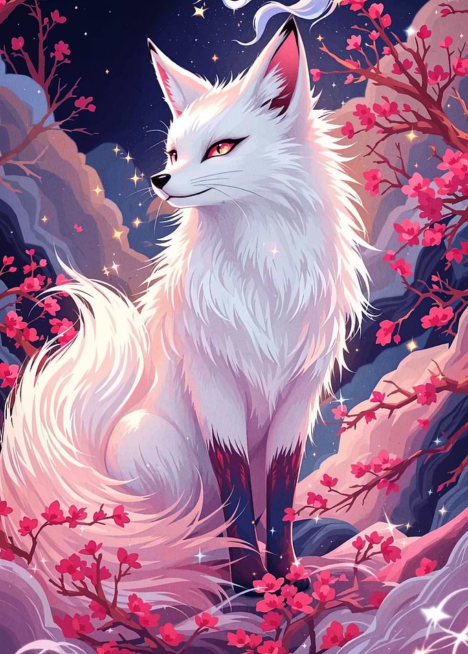White Fox with Cherry Blossoms