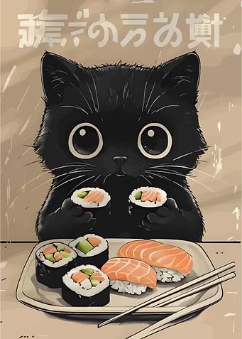 Black Cat with Sushi