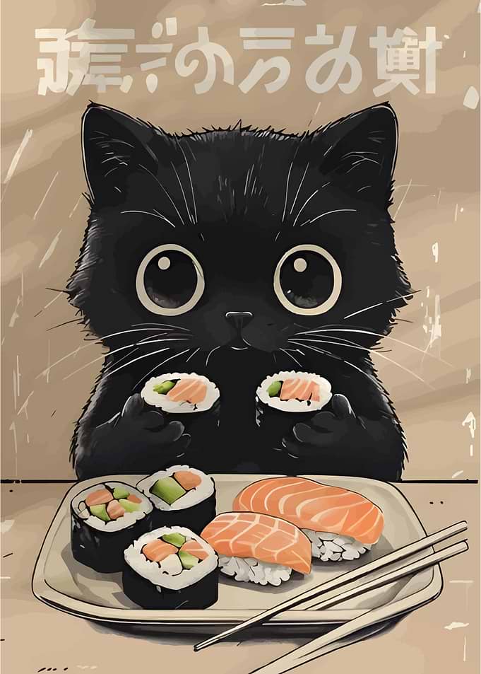 Black Cat with Sushi