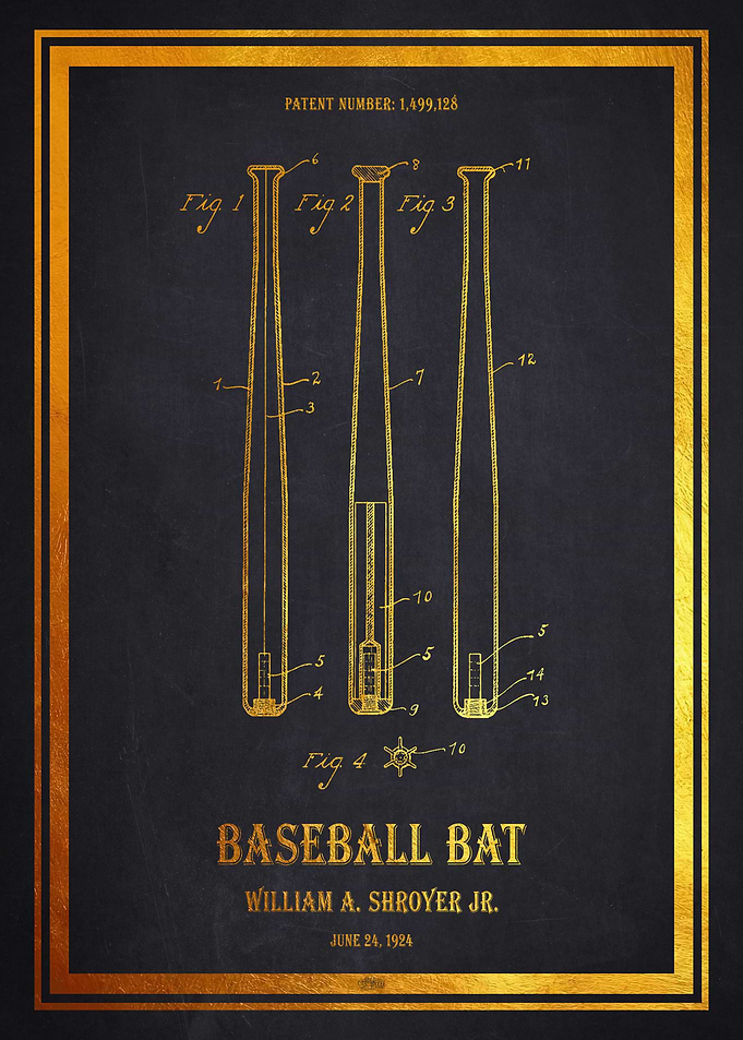 Baseball Bat Patent 1924 - Gold
