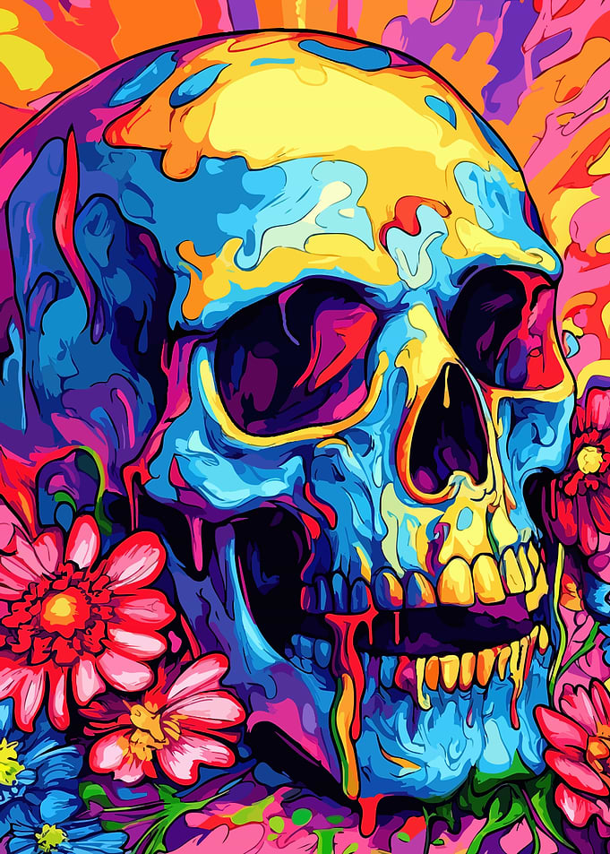 Colorful Skull with Flowers Illustration