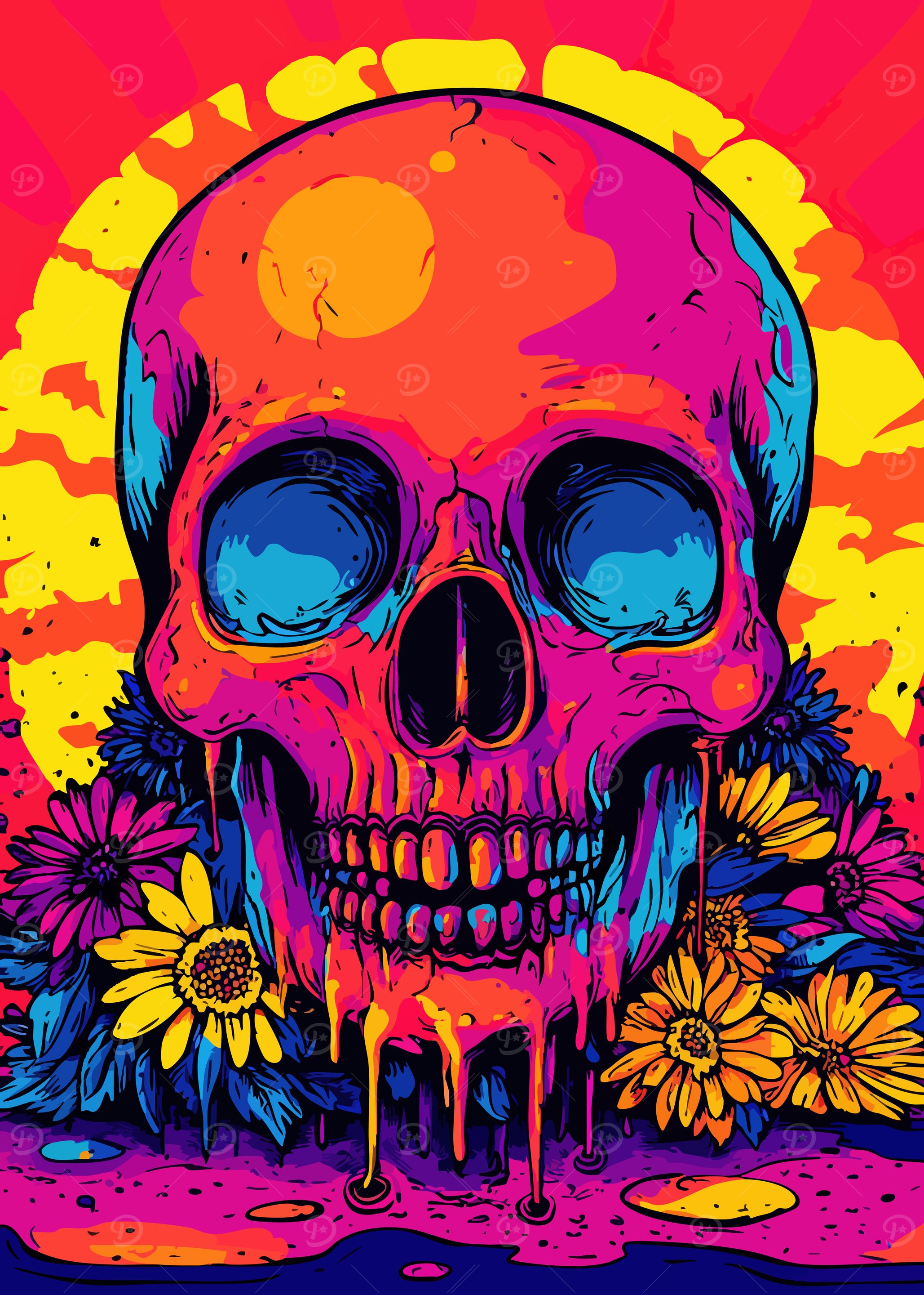 Colorful Skull with Flowers Illustration
