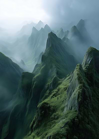 Misty Green Mountain Peaks
