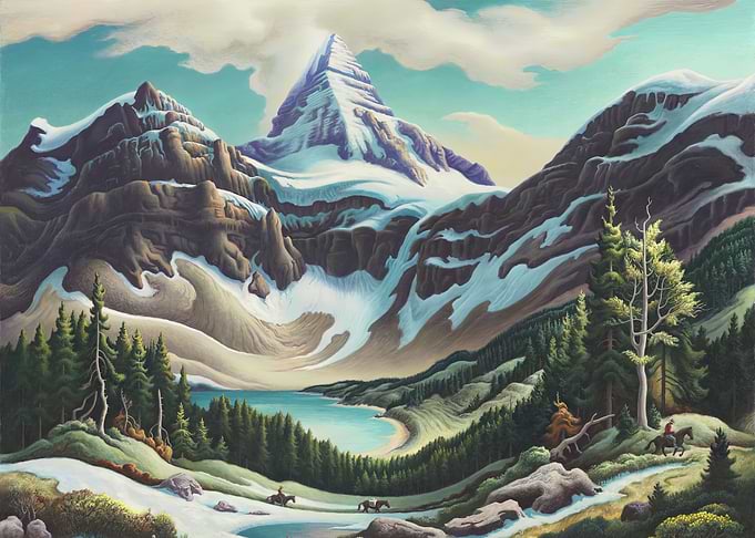 Thomas Hart Mountain Landscape with Lake and Riders