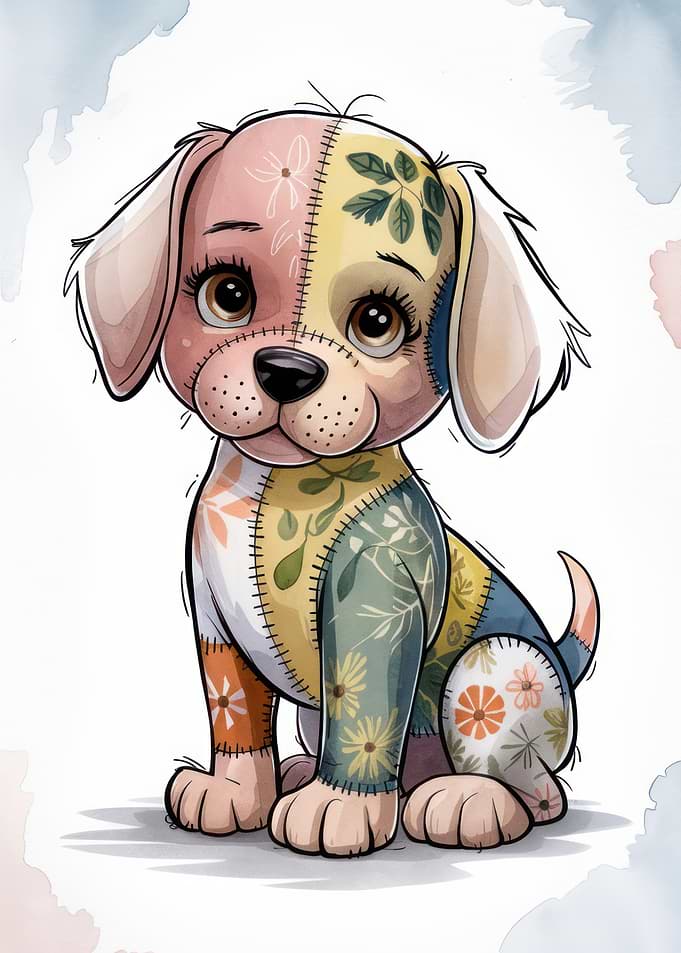 Patchwork Puppy Illustration - Patchwork Puppy | Floral Stitched Plush Art