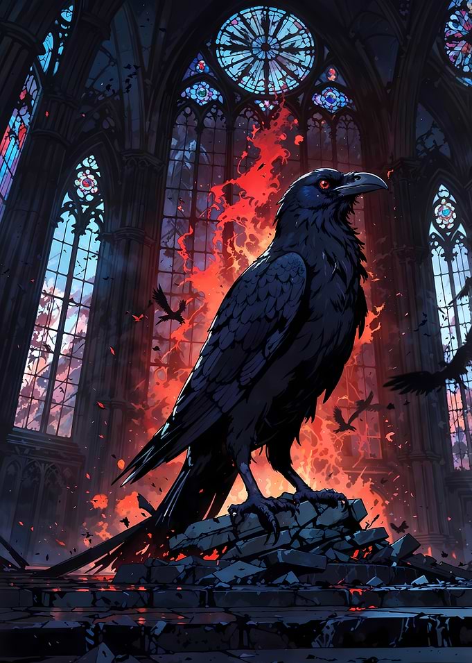 Raven in Gothic Cathedral with Fire