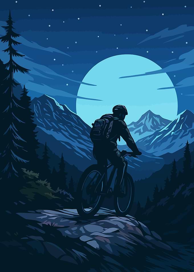 Mountain Biker Under Moonlight