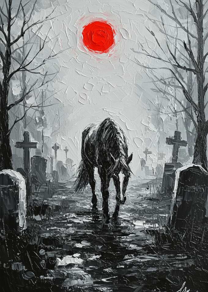 Horse in Cemetery with Red Sun