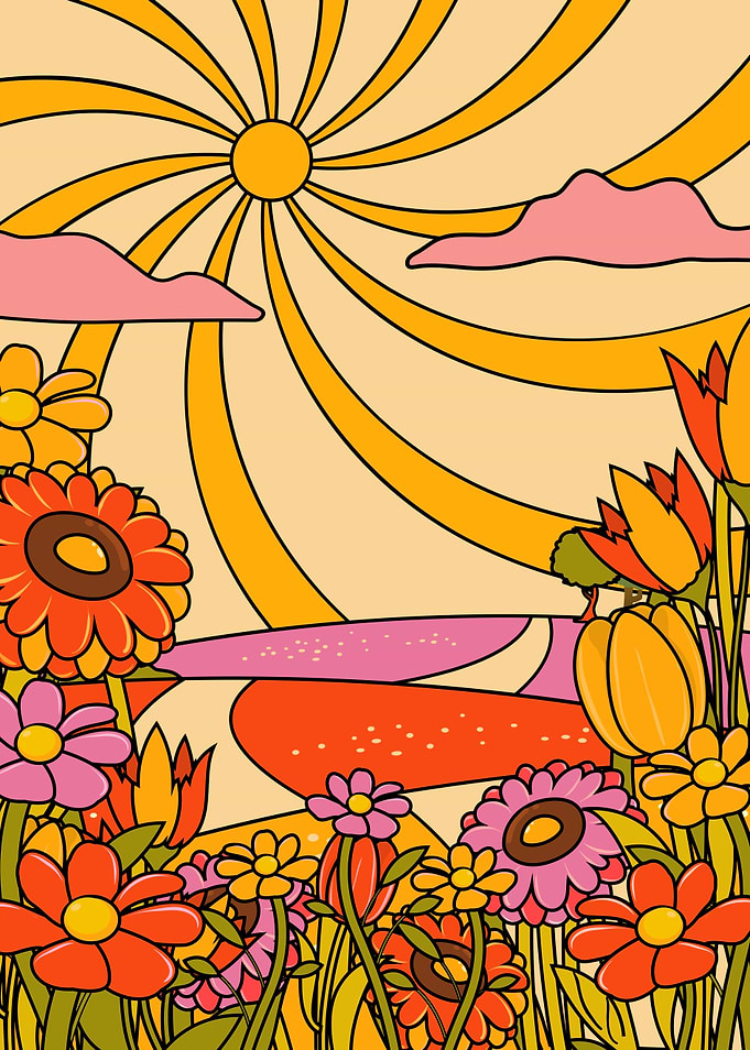 Retro Floral Landscape with Sun