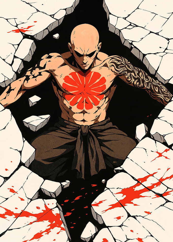 Bald Warrior Breaking Through Wall