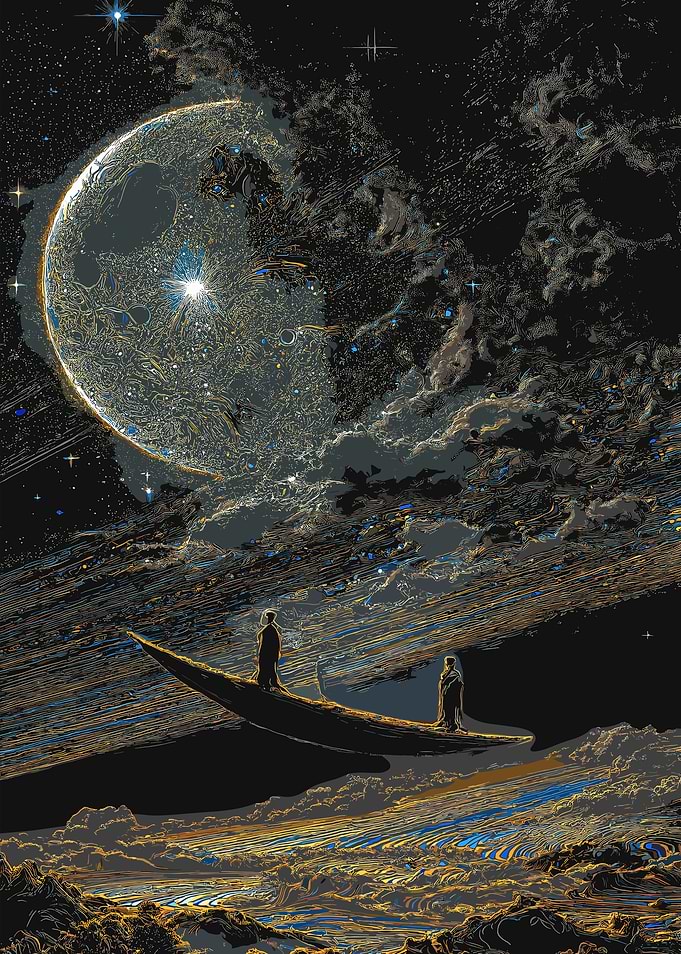 Lunar Voyage: Figures on a Boat