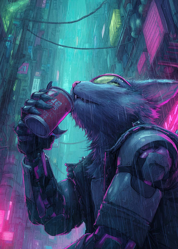 Cyberpunk Cat Drinking in the Rain
