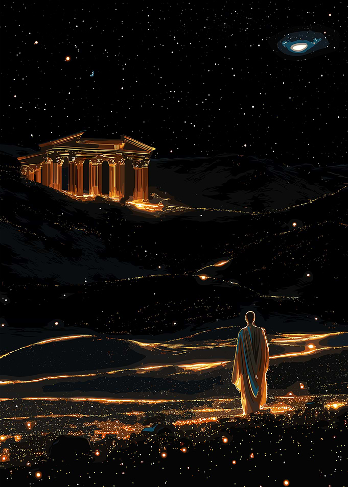 Ancient Temple, Figure, and Night Sky