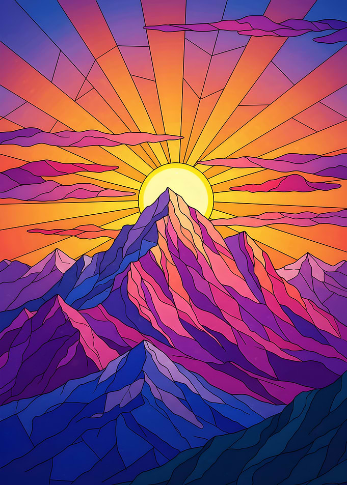 Colorful Mountain Sunset Stained Glass Art