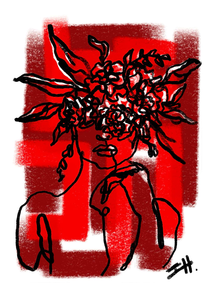 Floral Woman Line Art in Red