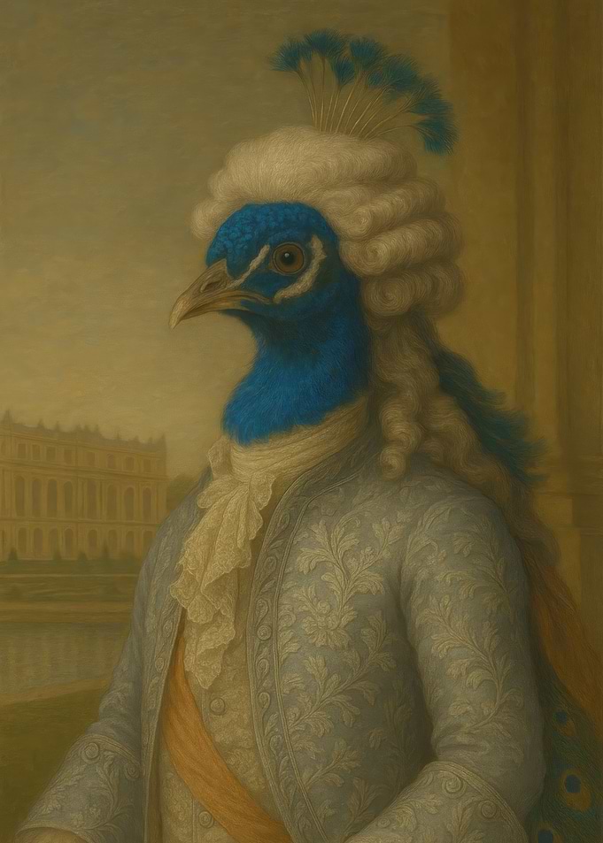 Peacock Portrait in Rococo Style - Rococo Peacock | Aristocratic Bird Portrait