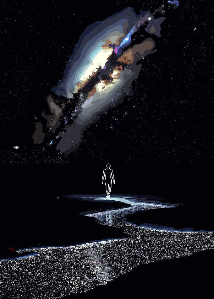 Cosmic Journey: Figure Under Galaxy