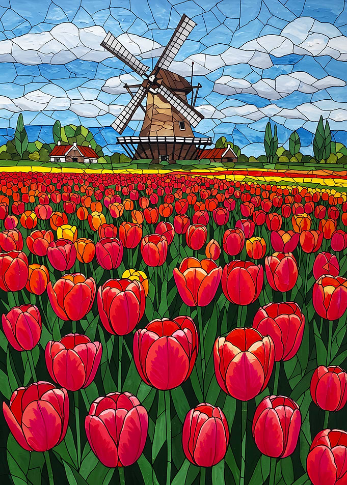 Tulip Field with Windmill Stained Glass
