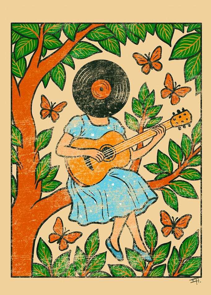 Vinyl Head Hippy Guitarist, Among the Orange Branches