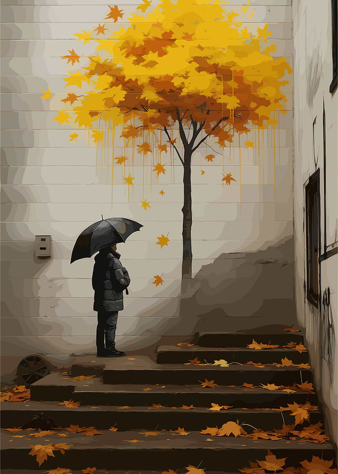Autumn Rain Scene with Figure