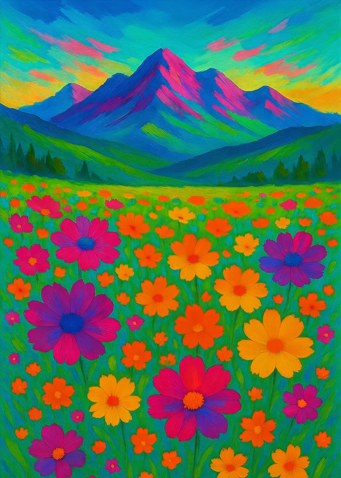 Colorful Flower Field with Mountain Backdrop