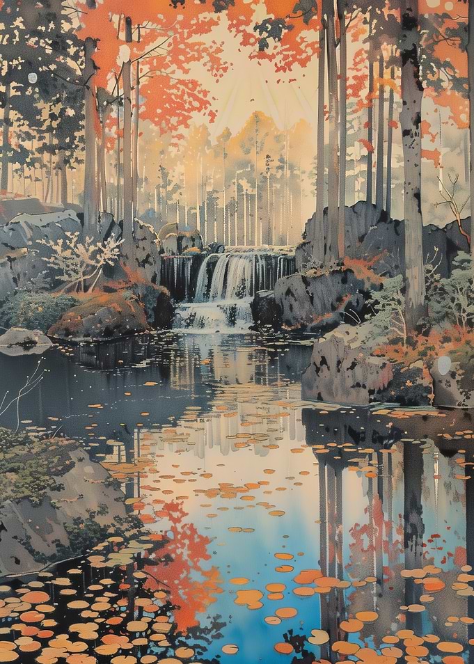Autumn Waterfall Landscape Painting