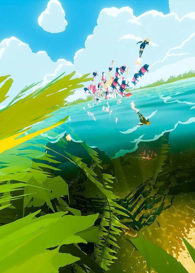 Stylized Underwater Scene with Swimmers