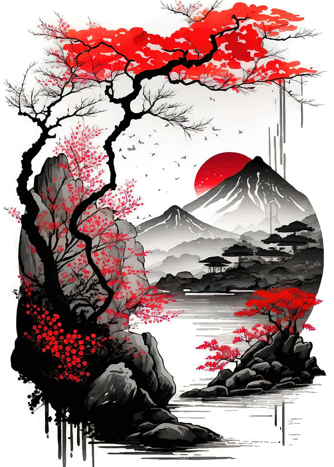 Japanese Landscape Red Trees