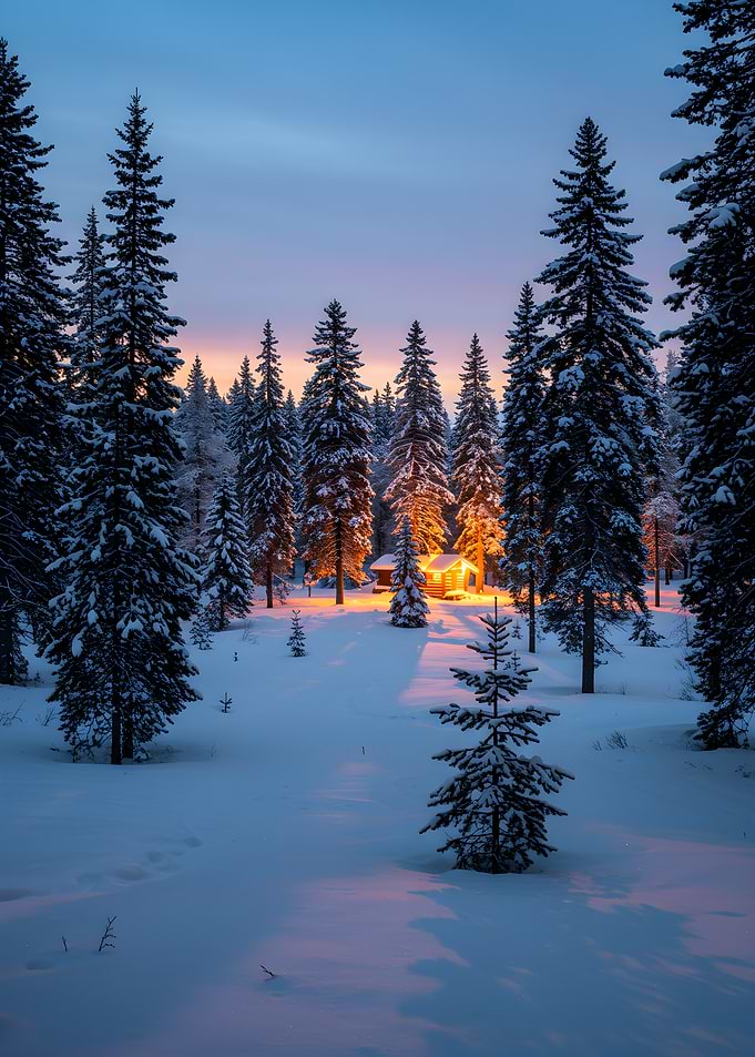Winter Cabin in Snowy Forest