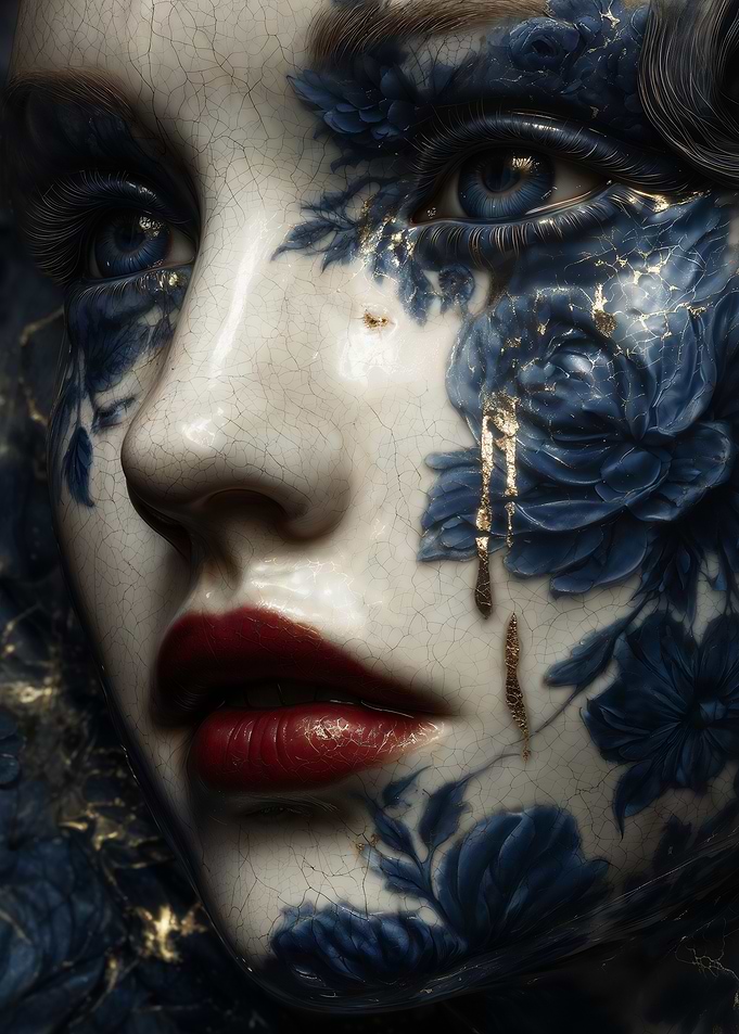 Porcelain Tears Kintsugi Woman in Blue and Gold