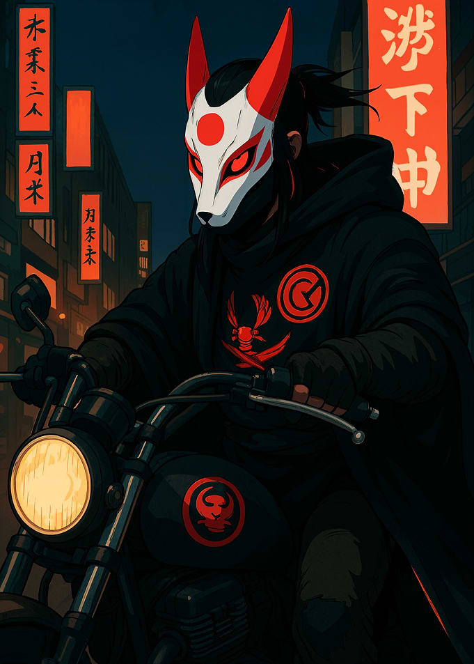 Masked Rider in Neon Cityscape