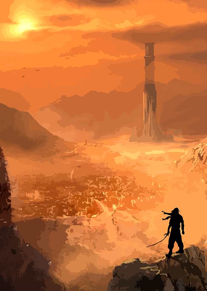 Warrior Overlooking Desert City Landscape